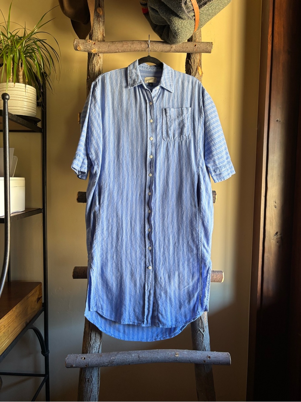 Blue Striped Button Down Shirt Dress Tunic Style Coverup